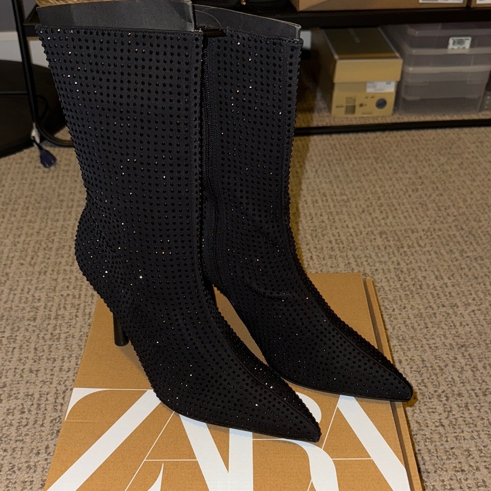 Zara Black Studded Ankle Boots Size 40